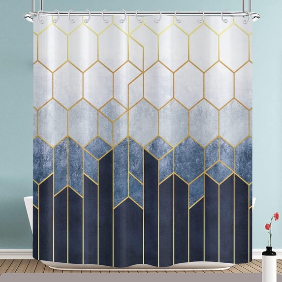 Blue Shower Curtain, Navy Blue Geometric Pattern Modern Grid Bath Curtains Waterproof Fabric with Hooks for Home Decor, 72Wx72H