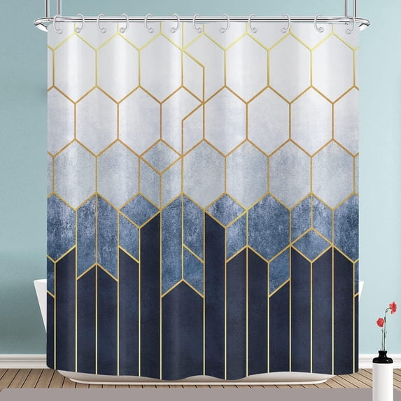 Blue Shower Curtain, Navy Blue Geometric Pattern Modern Grid Bath Curtains Waterproof Fabric with Hooks for Home Decor, 72Wx84H