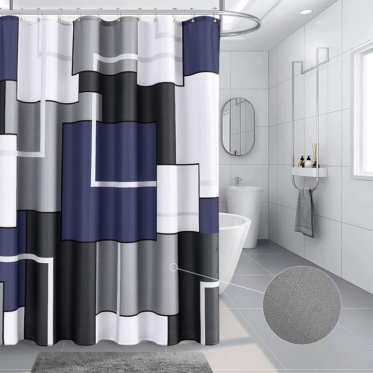 Blue Shower Curtain Set with Hooks Blue and White Shower Curtains for Bathroom Slub Fabric Grey Shower Curtain Geometric Bath Curtains Decorative Gray