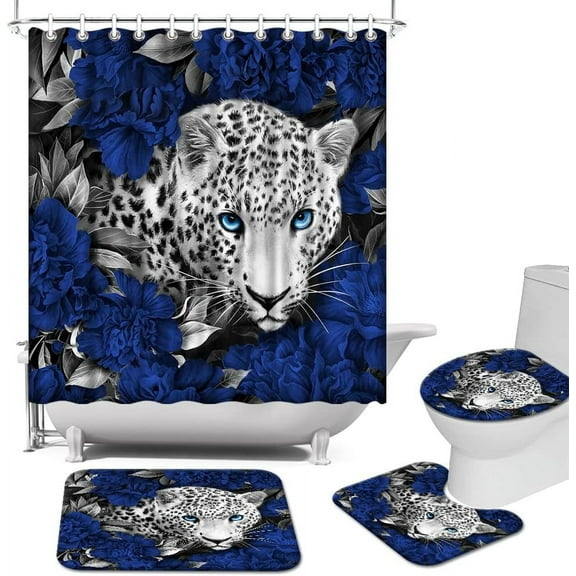 Blue Shower Curtain Set Leopard Shower Curtain Blue Bathroom Sets with Shower Curtain and Rugs, Set of 4 Piece (Blue)