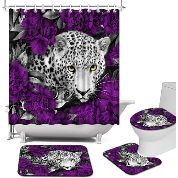 Blue Shower Curtain Set Leopard Shower Curtain Blue Bathroom Sets with Shower Curtain and Rugs, Set of 4 Piece (Blue)