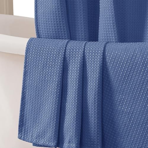 Blue Shower Curtain Set, Waffle Textured Heavy Duty Fabric Shower Curtain for Bathroom, Luxury Hotel Weighted 230GSM Bath Curtain with 12 Plastic Hooks, Machine Washable, 72x72