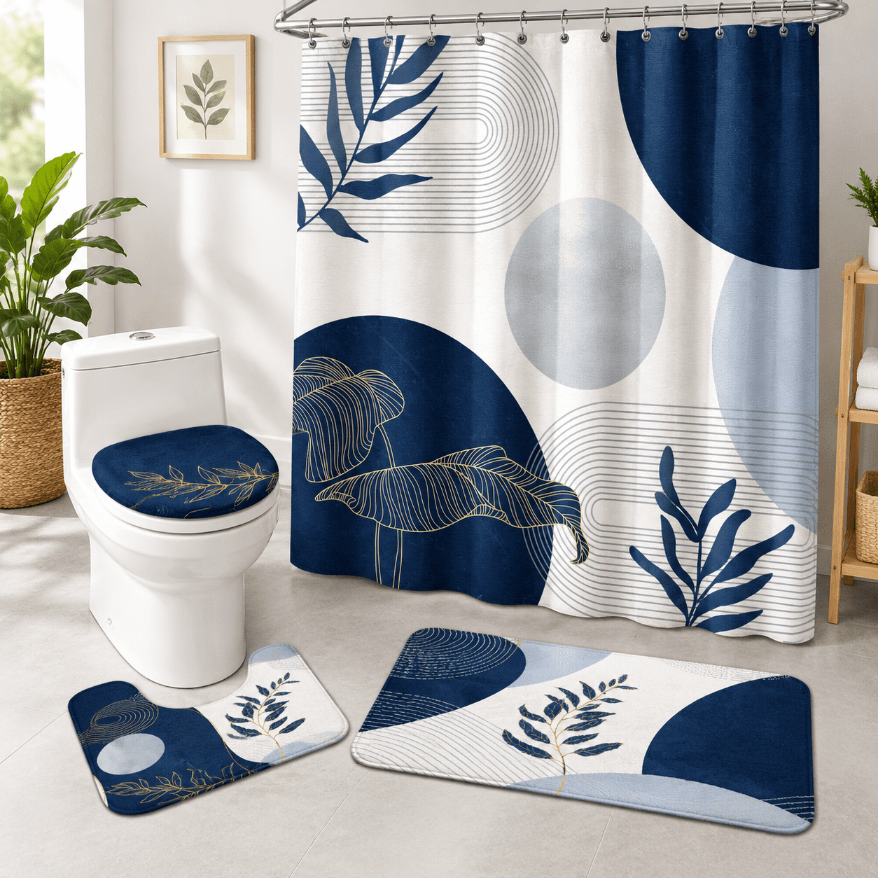 Blue Shower Curtain Set with Rugs, Boho Bathroom Decor, Mid Century ...