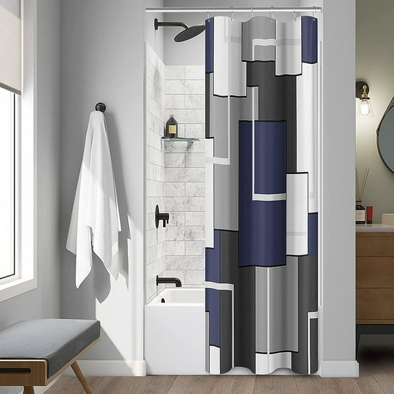 Blue Shower Curtain Shower Curtain Set for Bathroom Geometric Small Shower Curtain with Heavy Duty Water Repellent White Bathroom Curtain for Hotels Bathtubs, 36x72 Dark Blue