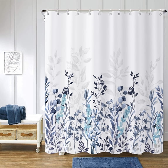Blue Shower Curtain, Teal Blue and Grey Watercolor Floral with Leaf Botanical Plants Bathroom Curtain Waterproof Fabric Machine Washable with Hooks, 36" Wx72 L