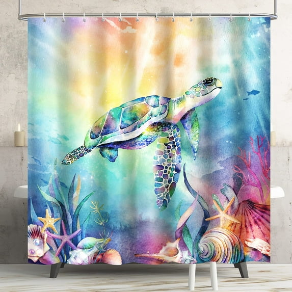 Blue Shower Curtain Teal Sea Turtle Shower Curtains for Bathroom, Waterproof Quick-Dry Polyester Fabric Shower Curtain Set with Hooks, Beach Nautical Shower Curtain Ocean Bathroom Decor, 72''x 72''