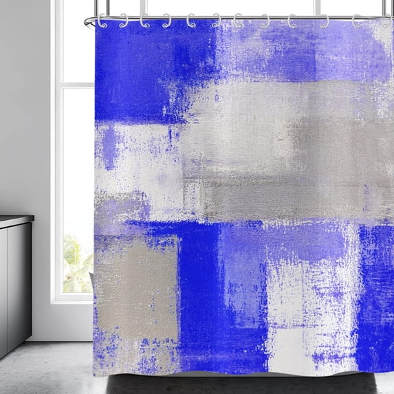 Blue Shower Curtain, Watercolor Blue Contemporary Brush Strokes Oil Painting Abstract Geometric Bathroom Curtain Bathtub Decor Waterproof Fabric Machine Washable with 12 Hooks