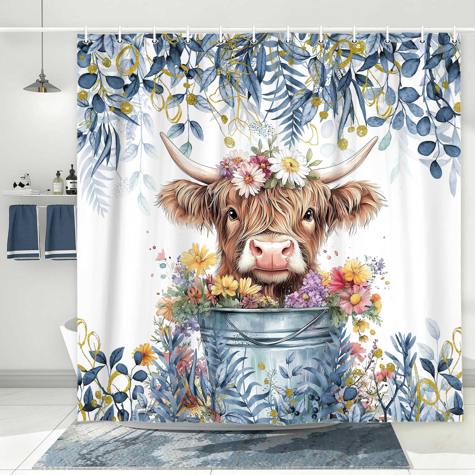 Blue Shower Curtain, Watercolor Plant Eucalyptus Leaves with Floral Farmhouse Highland Cow Bath Curtain, Funny Animals Bathroom Accessories Botanical for Bathroom Curtain Set with Hooks, 72X72in