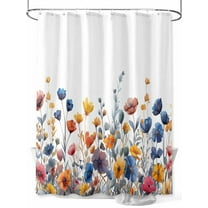 Blue and Shower Curtain, Yellow Poppy Watercolor Floral Plants Waterproof Shower Curtain Set with 12 Hooks Lightweight Washable Fabric Shower Curtains for Bathroom 36x72 Inches