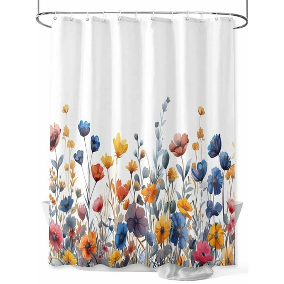 Blue and Shower Curtain, Yellow Poppy Watercolor Floral Plants Waterproof Shower Curtain Set with 12 Hooks Lightweight Washable Fabric Shower Curtains for Bathroom 36x72 Inches
