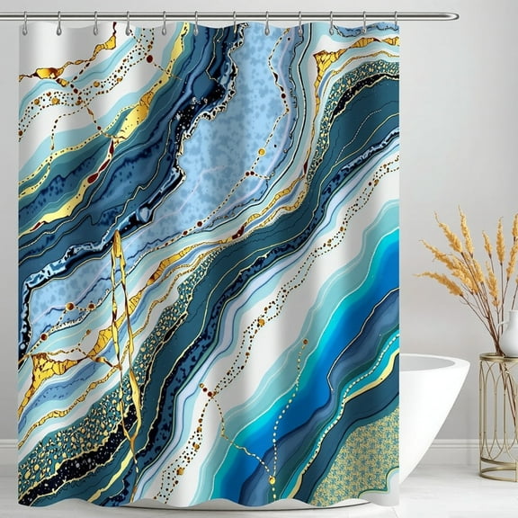 Blue Shower Curtain with Polka Dots & 'I Love You ' in Brown Font Arrows Design