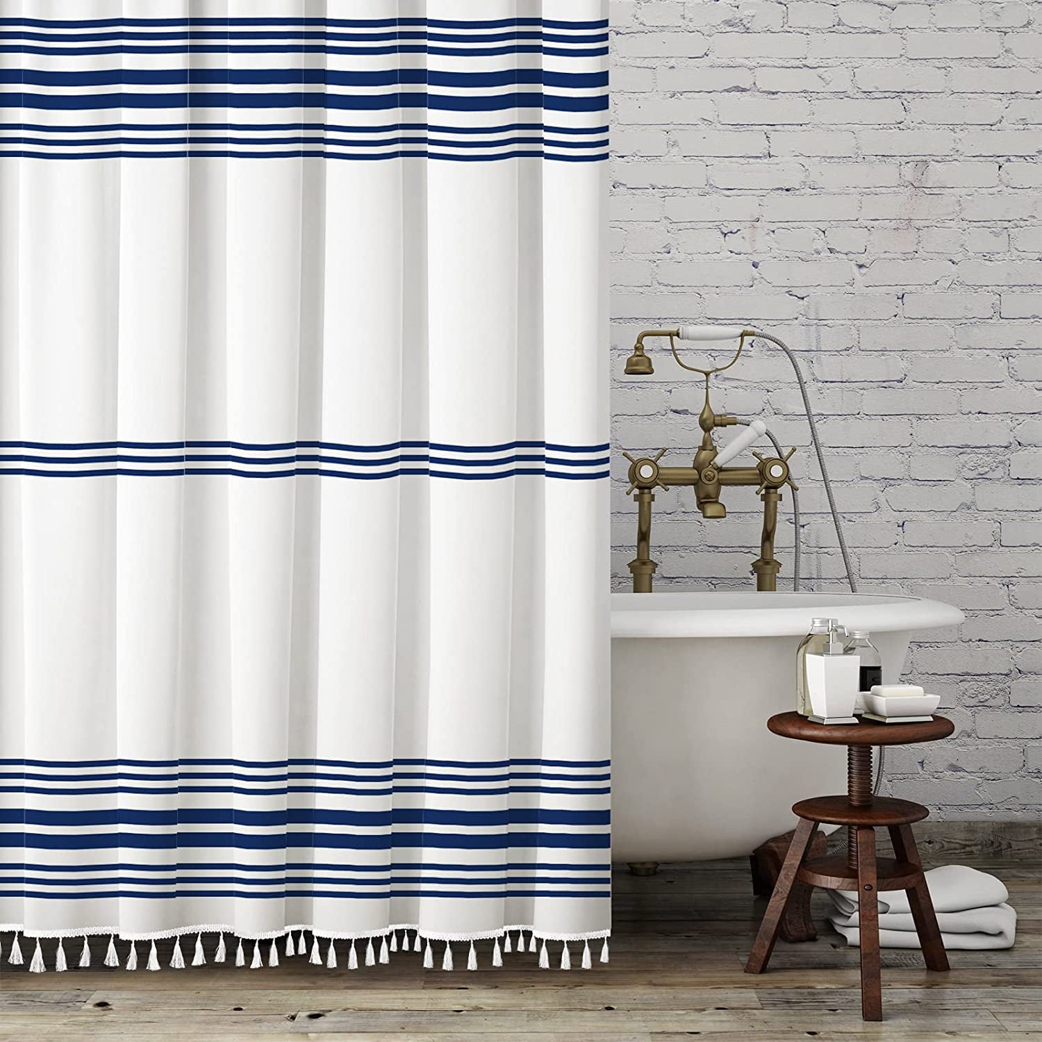 Seasonwood Blue Shower Curtain with Tassel for Bathroom Decor,Blue Striped Shower Curtain,Chic Polyester Bath Curtain Set with Hooks, 72 x 72