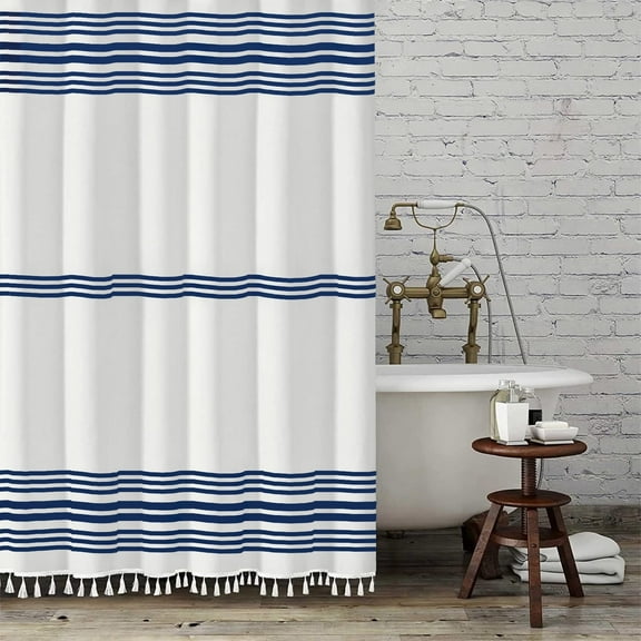 Seasonwood Blue Shower Curtain with Tassel for Bathroom Decor,Blue Striped Shower Curtain,Chic Polyester Bath Curtain Set with Hooks, 72 x 72