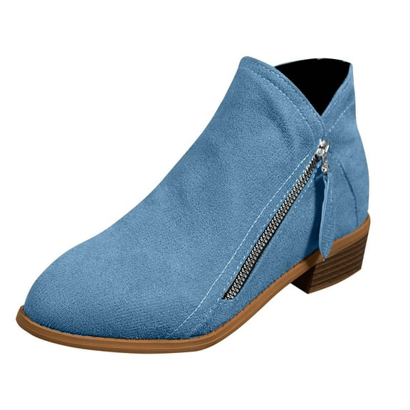 Blue Side Zipper Short Boots Thick Heel Pointed Toe Mid-Calf Women Casual Fall Style