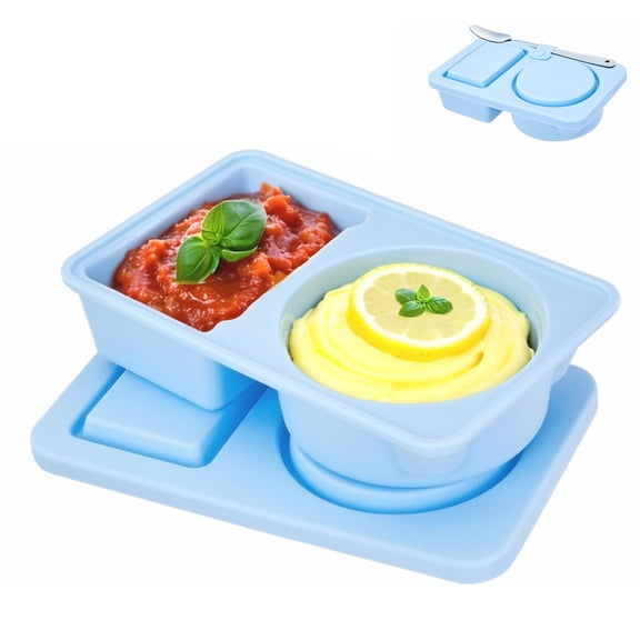 Blue Silicone Double Sided Dip Box,1 Pack Reusable Snack Containers,2 Compartment Sauce Containers with Lids,Leakproof Condiment Containers with Spoon Slot,for Home Kitchen By Scheam