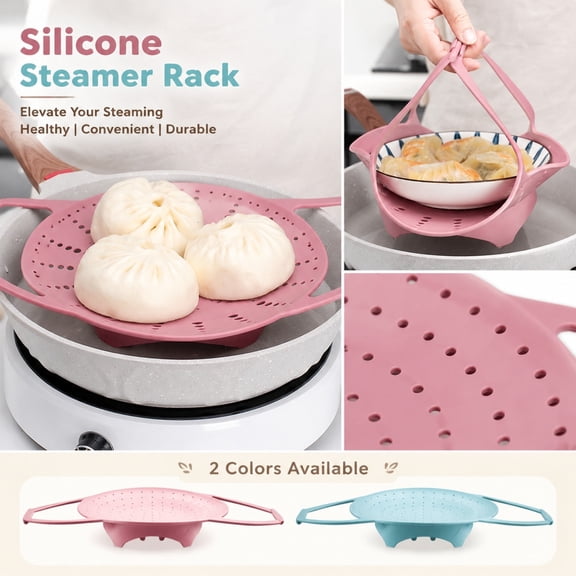 Blue Silicone Steaming Basket, Foldable Steamer Insert, Pasta Strainer, Fruit Strainer, 14X8X1.5 Inch Grade Steamer Basket, Multi-Use Silicone Steamer Rack That Works As Sink