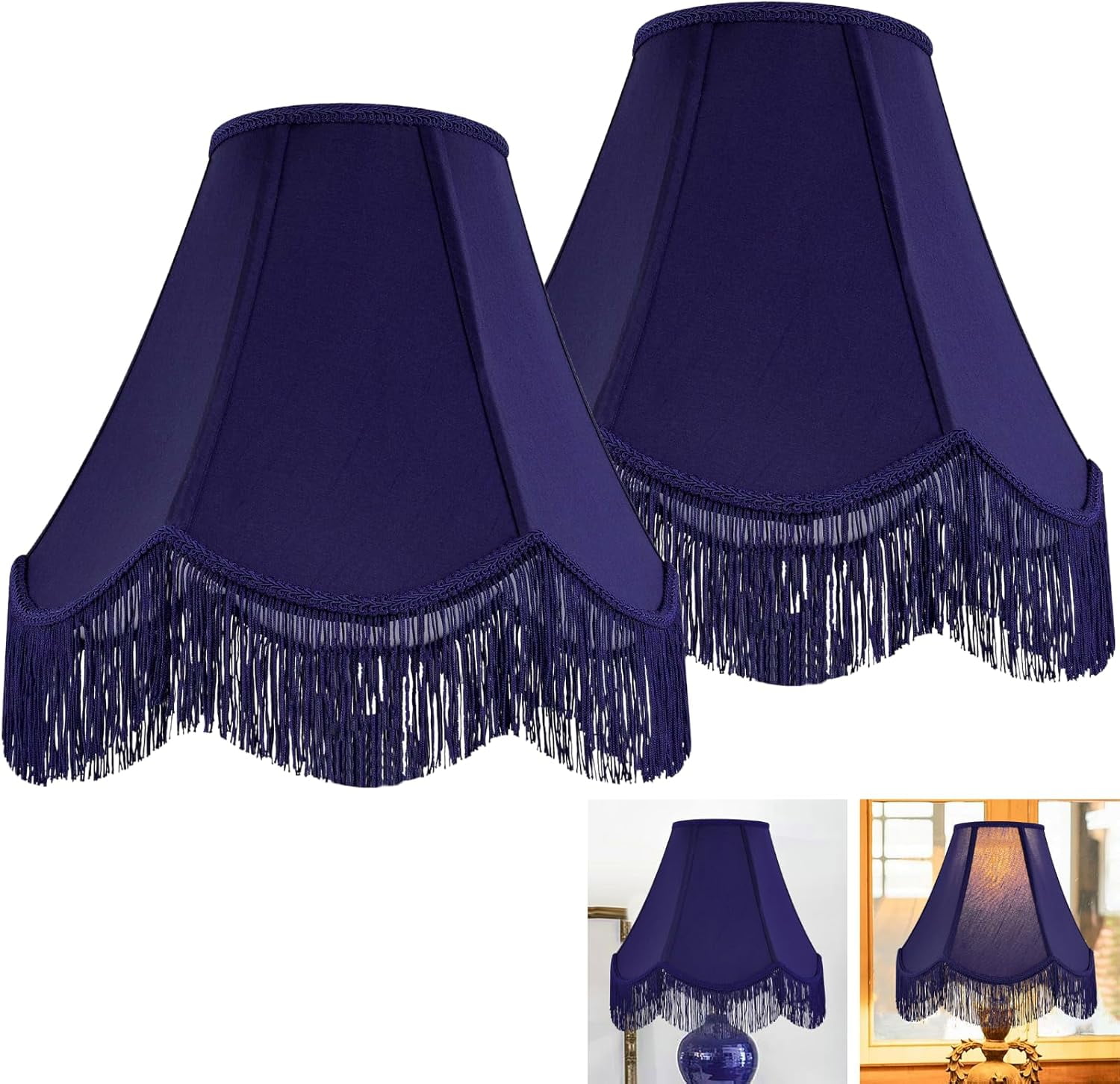 Blue Silk Bell Lamp Shades Set of 2 Petal Edge Braid with Blue Fringe Trim, 6"x13"x10.6"(Spider), Scalloped Lamp Shade Hand Crafted, Replacement Lamp Shades for Table, Floor Lamps,Easy Assembly