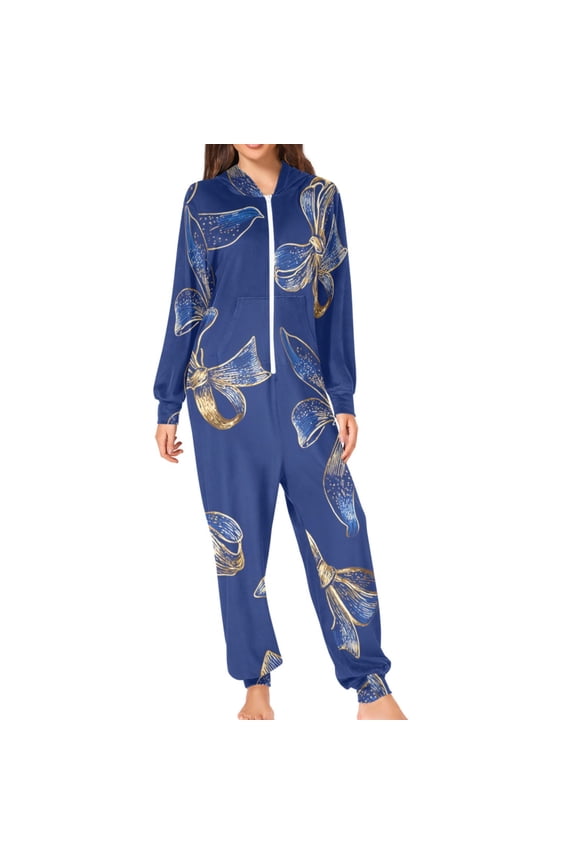 Blue Silk Bows with Gold Edging Adult's Hoodie Onesie Jumpsuit One-Piece Pajamas with Zipper Unisex for Holiday M