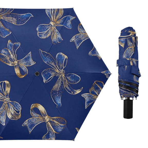 Blue Silk Bows with Gold Edging All Weather Umbrella Triple Folding Parasol 6 Ribs UV Protection Portable