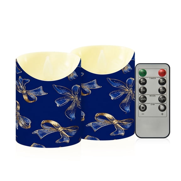 Blue Silk Bows with Gold Edging Flickering Flameless Candles with Remote Timer Battery Operated LED Tealight Set of 2 M