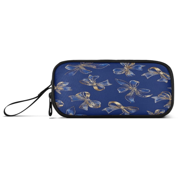 Blue Silk Bows with Gold Edging Pencil Case Stationary Holder Pen Bag Pencil Pouch Tool Organizer 3 Compartments