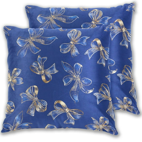 Blue Silk Bows with Gold Edging Throw Pillow Covers Pillowcases 16 x 16 Inch Home Decor 2 Packs for Bedroom Sofa