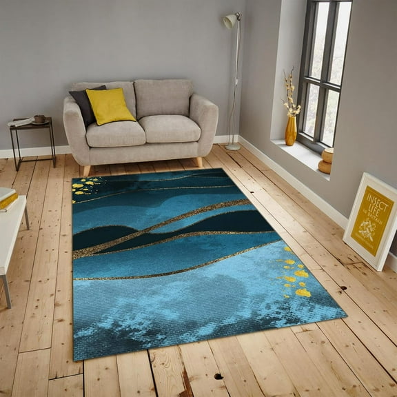 Blue Silk Cloth Area Rugs, Golden Line Art Carpet, Bathroom Rugs Comfortable On Foot and Soft in Hand Suitable for Living Room Study Bedroom Kitchen Office,3ft x 4ft