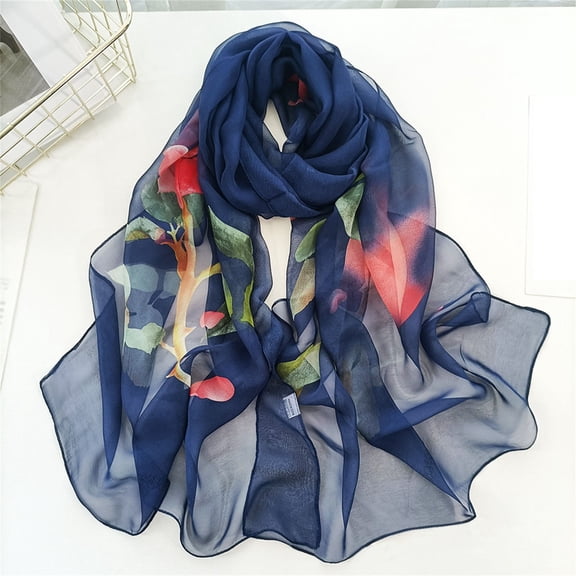 Blue Silk Scarves Scarfs for Women Lightweight Print Floral Pattern Scarf Shawl Fashion Scarves Sunscreen Shawls and Wraps for Spring