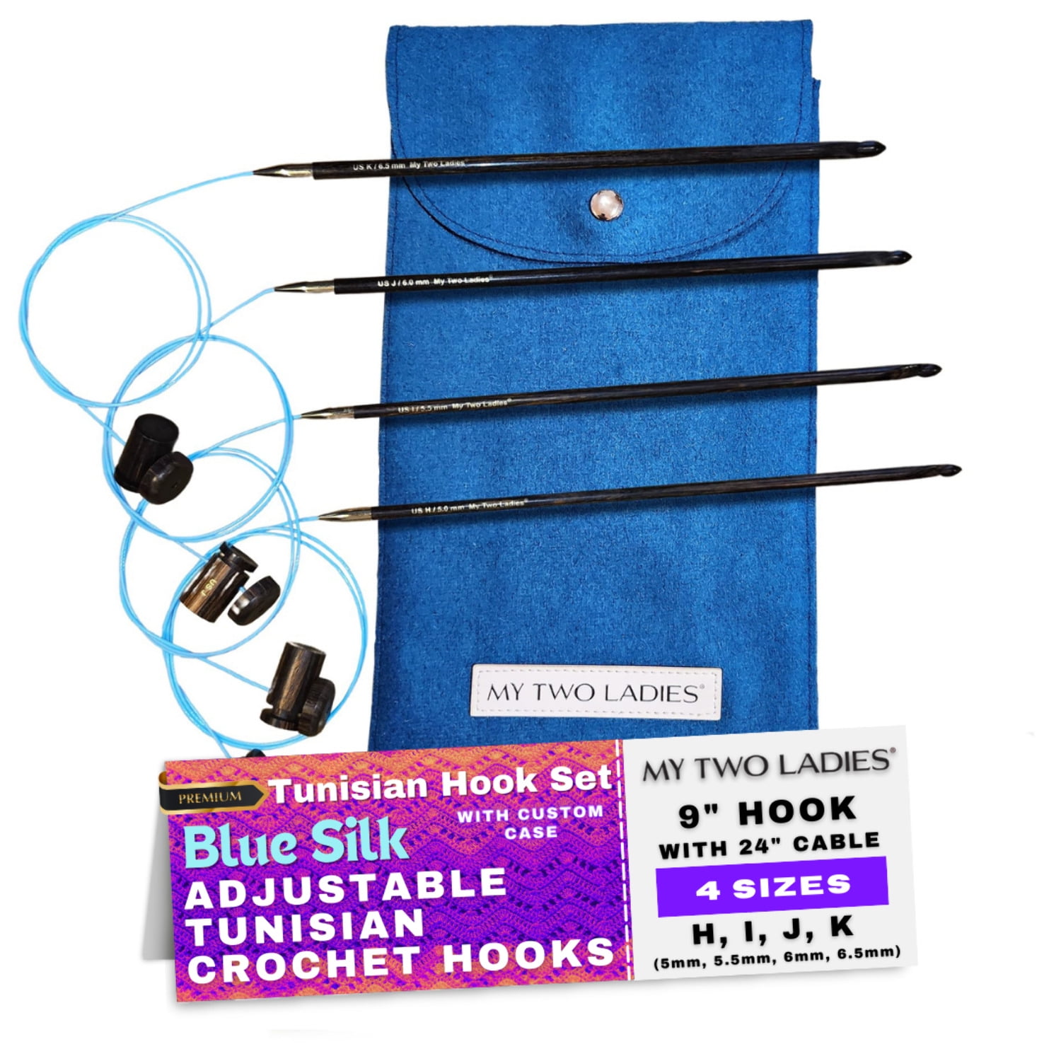 Blue Silk | Tunisian Adjustable Crochet Hook Set | 4 Sizes | H, I, J, K | w/custom case