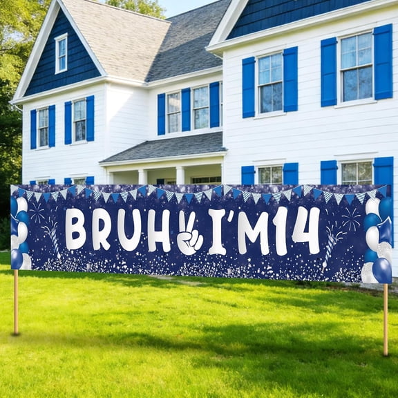 Blue Silver 14th Birthday Decorations for Boys Bruh I'm 14 Yard Sign Banner Happy 14th Birthday Party Decorations Supplies for Teenager 14 Year Old Birthday Party Supplies Indoor Outdoor