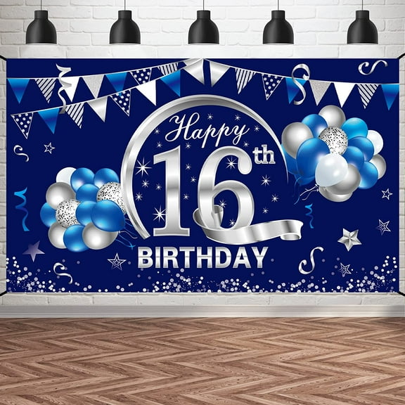 Blue Silver 16th Birthday Banner Decorations for Boy - Happy 16 Birthday Backdrop Party Supplies - Sixteen Birthday Poster Photo Props Brackground Sign Decor