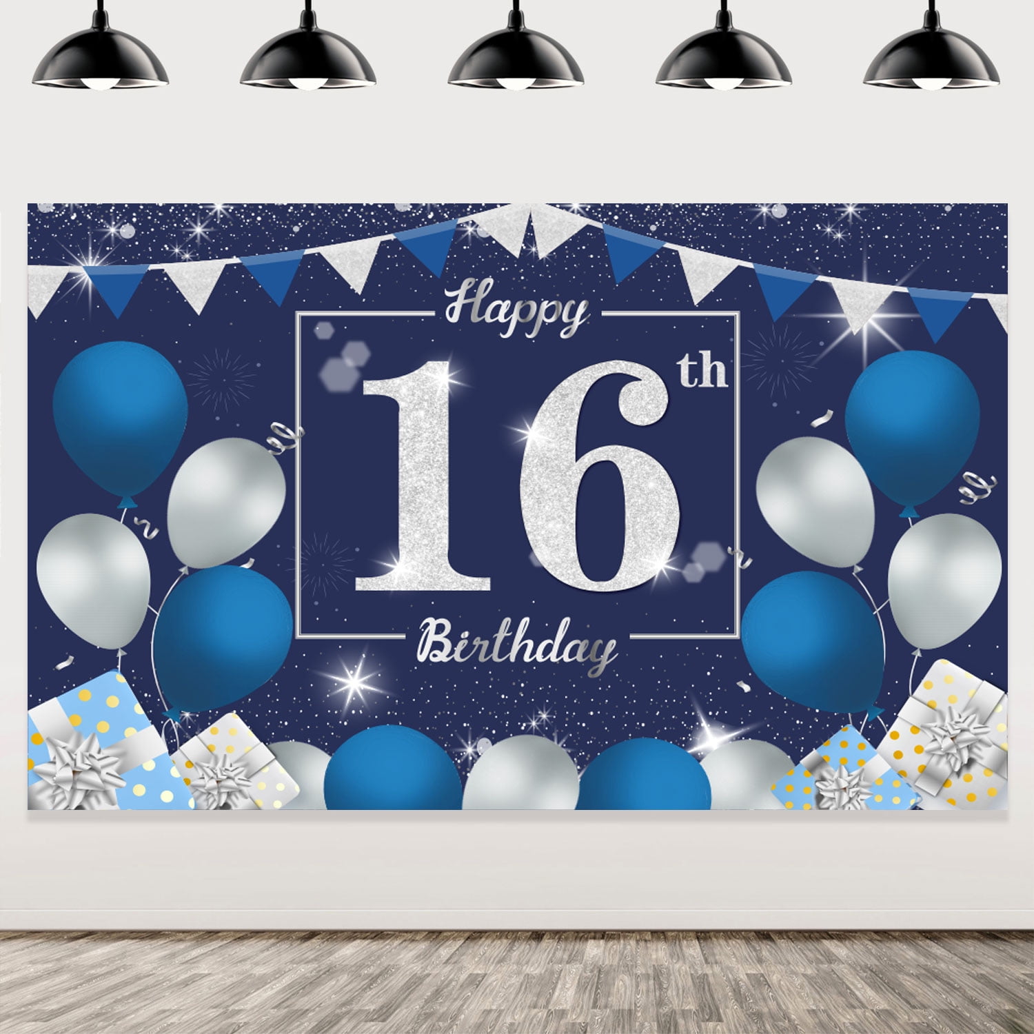 Blue Silver 16th Birthday Banner Decorations for Boy Happy 16th