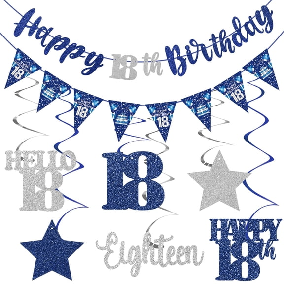 Blue Silver 18th Birthday Decorations for Boys Men, Happy 18th Birthday Banner Stars Sixteen Hanging Swirls Hello 18 Bday Decor Party Supplies Sign