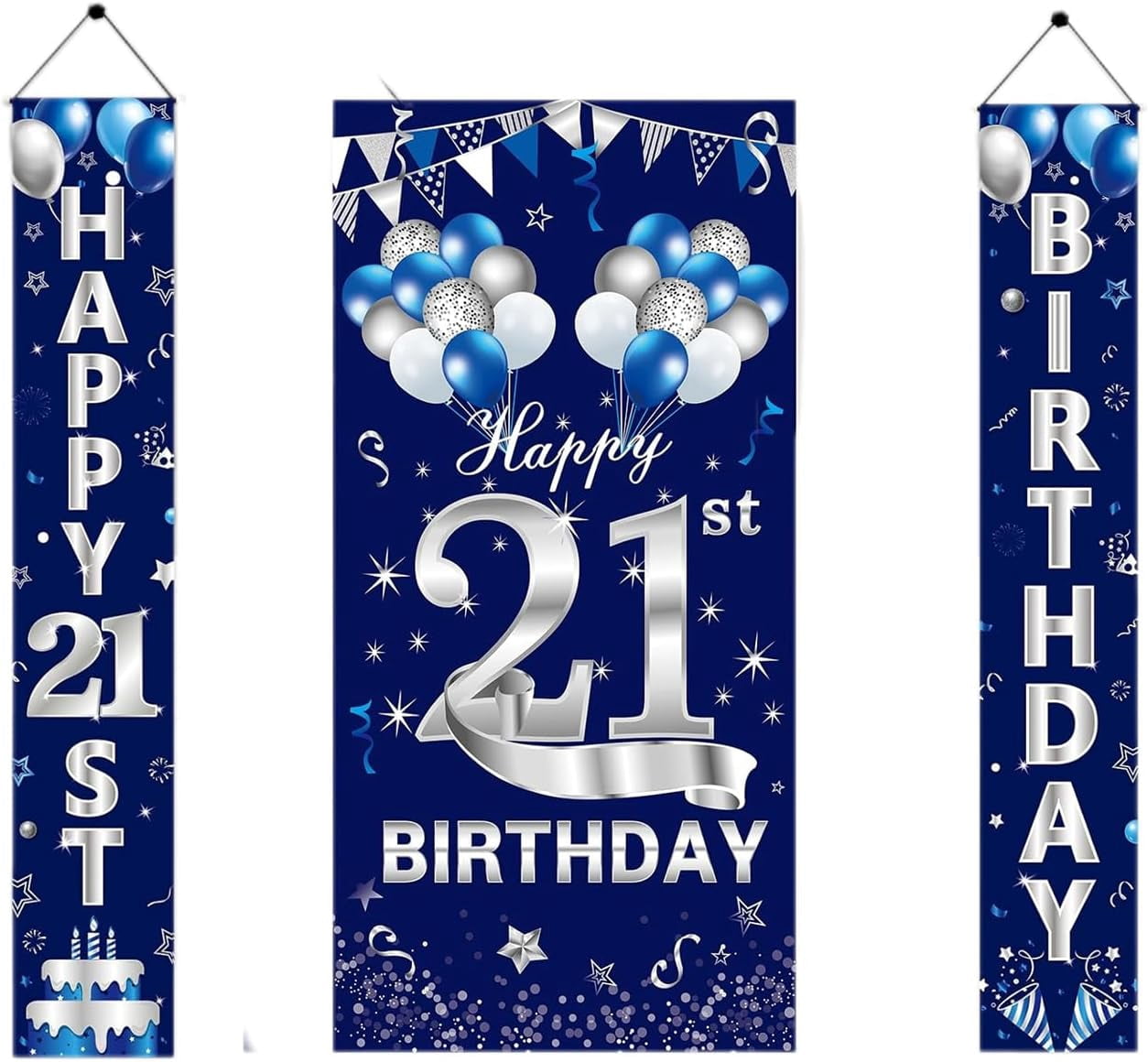 Blue Silver 21st Birthday Door Banner Decorations for Boys, Happy 21 ...