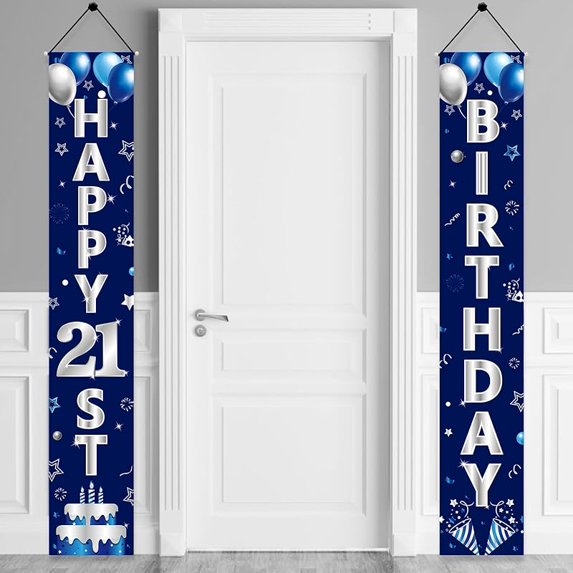 Blue Silver 21st Birthday Door Banner Decorations, Happy 21 Birthday Party Porch Banner for Men, 21 Year Old Bady Party Decoration for Outdoor Indoor