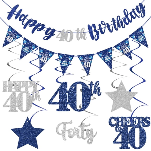 Blue Silver 40th Birthday Decorations for Men Women, Happy 40th Birthday Banner Stars Sixteen Hanging Swirls Hello 40 Bday Decor Party Supplies Sign