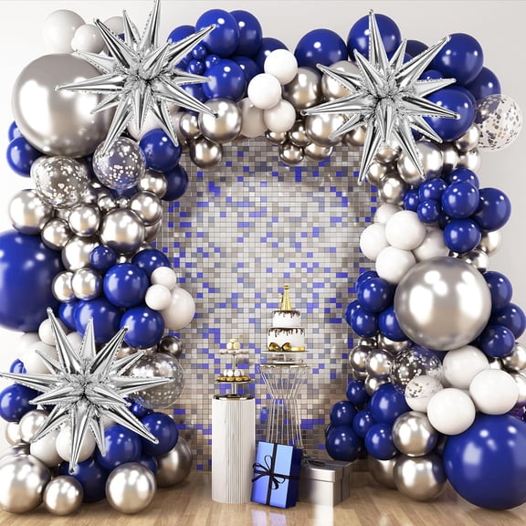 Blue and Silver Balloon Arch Kit, Navy Blue Silver White Graduation Balloons, 140pcs Confetti Star Latex Balloons for Birthday Wedding New Year Party Decorations