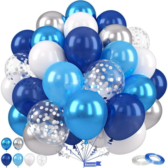 Blue and Silver Balloons, 12 Inch Navy Blue Balloons, Pearl Blue Metallic Silver Confetti Balloon Latex for Boys Birthday Baby Shower Gender Reveal Bachelor Party Graduation Decorations