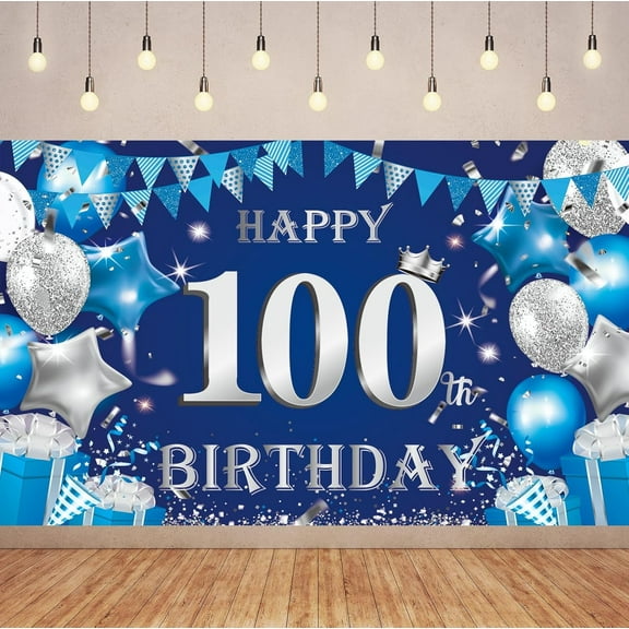 Blue and Silver Birthday Banner Party Decorations,Happy 100th Birthday Backdrop Decorations,Blue Silver Happy Birthday Photography Background Party Supplies