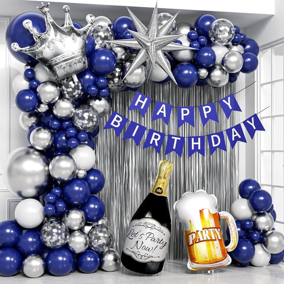 Blue and Silver Birthday Party Decorations, KKS1Blue Silver White Foil Balloons Happy Birthday Banner Fringe Curtains for 16th 18th 21st 24th 32th 40th 50th 60th Birthday Decorations for Men