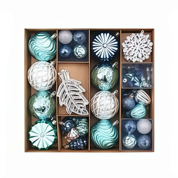 Blue‑Silver Christmas Tree Ornament Set 62 Pack, Shatterproof Plastic Baubles, Snowflake, Star and Leaf Hanging Decorations for Holiday Party Decor
