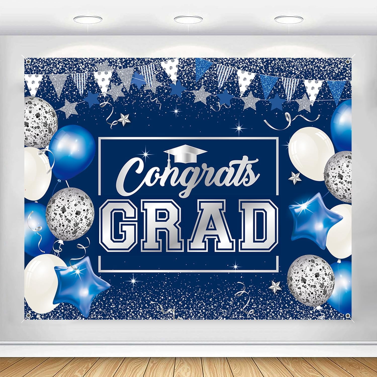 Blue Silver Congrats Grad Backdrop Class of 2026 Graduation Background ...