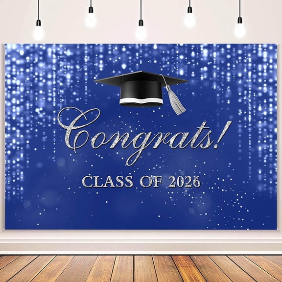 Blue Silver Congrats Grad Backdrop Class of 2026 Graduation Background Glitter Congratulate Graduate Party Decorations Banner Photo Booth Props