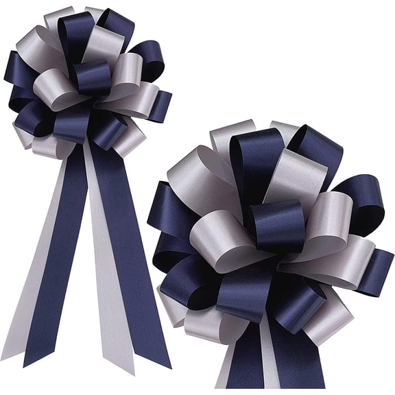 Blue & Silver Decorative Pull Bows - 8" Wide, Set of 6, Police Support, Christmas, Hanukkah, Wedding Ribbons, Father's Day, School Dance, Boxing Day