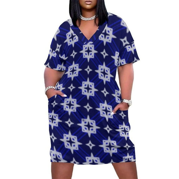 Blue Silver Geometric Star Pattern Women's Summer Short Sleeve Casual Dresses Party Dress