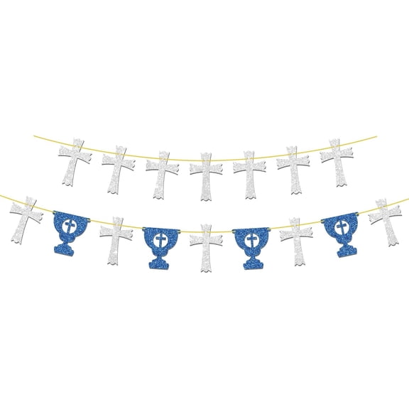 Blue Silver Glitter Cross Chalice Banner Set, First Communion Catholic Religious Bunting Garland for Baptism Christening Party Backdrop Decor