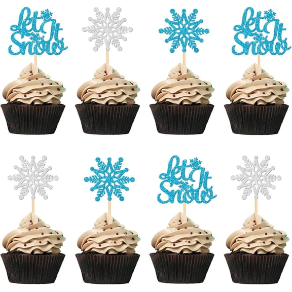 Blue Silver Glitter Let It Snow Cupcake Toppers, Snowflake Cupcake Picks for Winter Christmas Holiday Party Decorations, 12Pcs