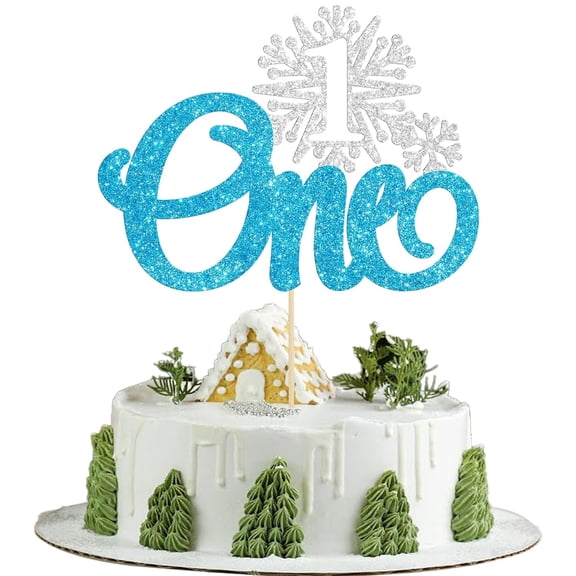 Blue & Silver Glitter One Snowflake 1st Birthday Cake Topper, Single Piece Snowflake Number 1 Cursive Design Glitter Winter Boy 1st Birthday Cake Decor Supplies