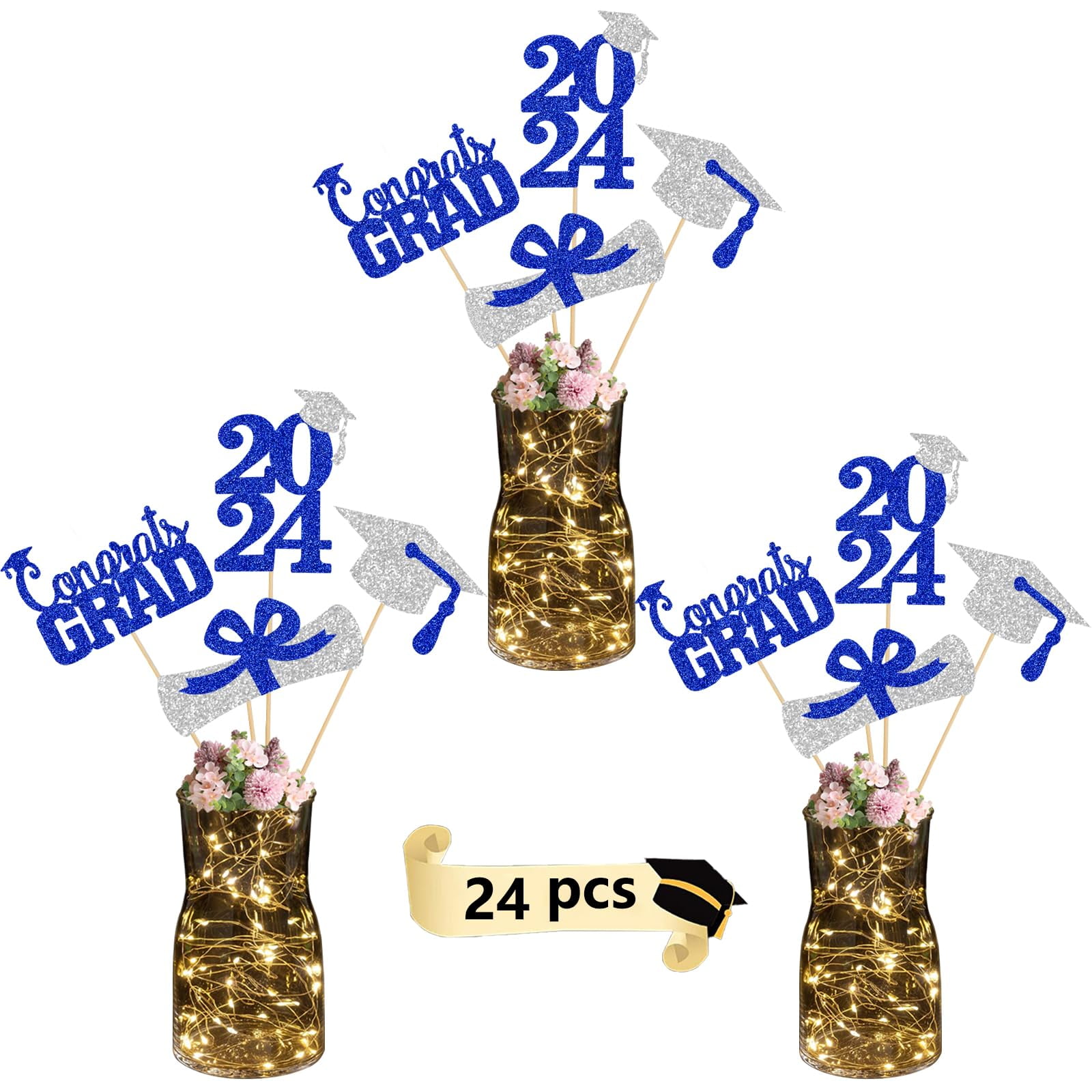 Blue and Silver Graduation Centerpiece Sticks 2025 with LED String