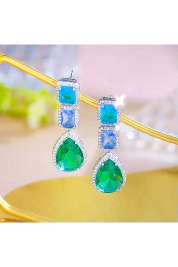 Blue Silver Plated Cubic Zirconia Long Square Dangle Water Drop Earrings Jewelry